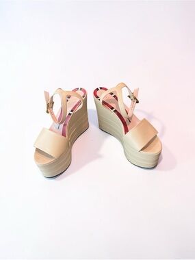Gucci Cream Platform Ankle-Strap Wedge Sandals
